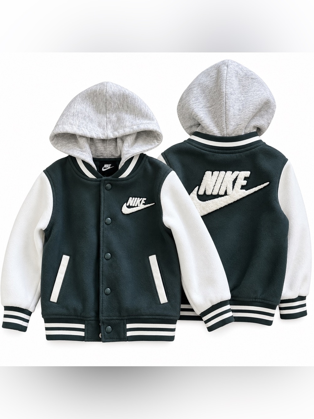 Nike Boys Size 6 Varsity Bomber Jacket Hooded Black White Swoosh Logo